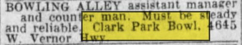 Clark Park Bowl - Nov 8 1952 Ad